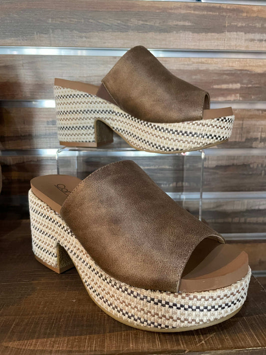 Brown chunky heeled wedge sandal with 3.25-inch heel and 1-inch platform, featuring raffia-wrapped sole.