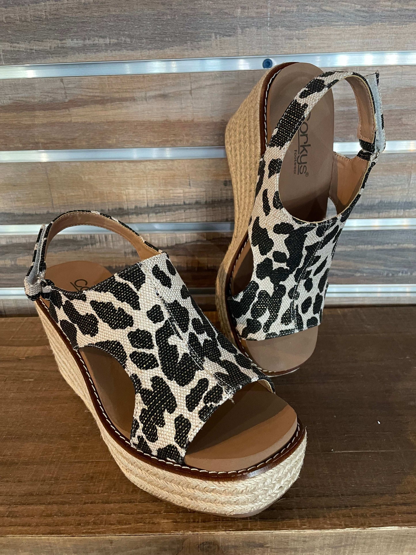 Corkys Leopard print Freddie Wedge with 3.5" inch heel, memory foam EVA insole, and secure back strap—neutral chic design for all-day comfort