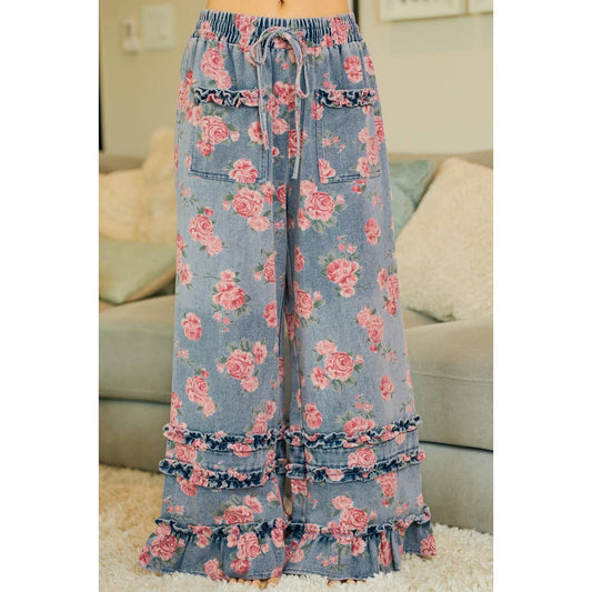 Washed Floral Denim Ruffle Wide-Leg Pants