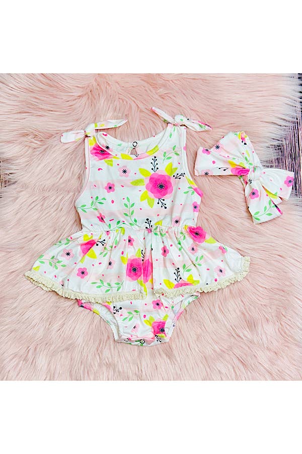 luluclothes - Pink floral & stripes w/lace baby romper w/headband DLH2407 - 3/6MONTHS