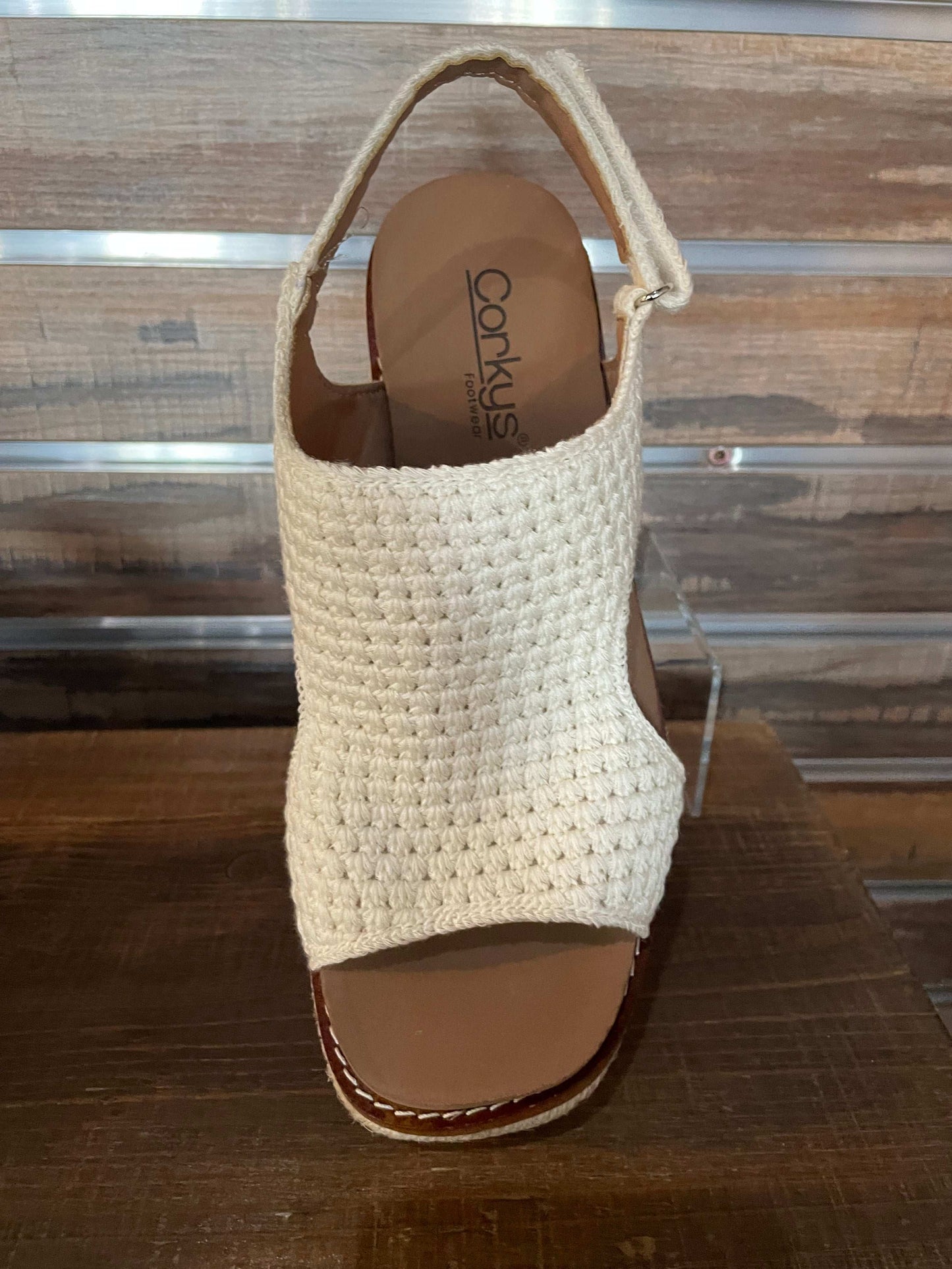 Corkys Cream Natural Woven Freddie Wedge with 3.5" inch heel, memory foam EVA insole, and secure back strap—neutral chic design for all-day comfort top view