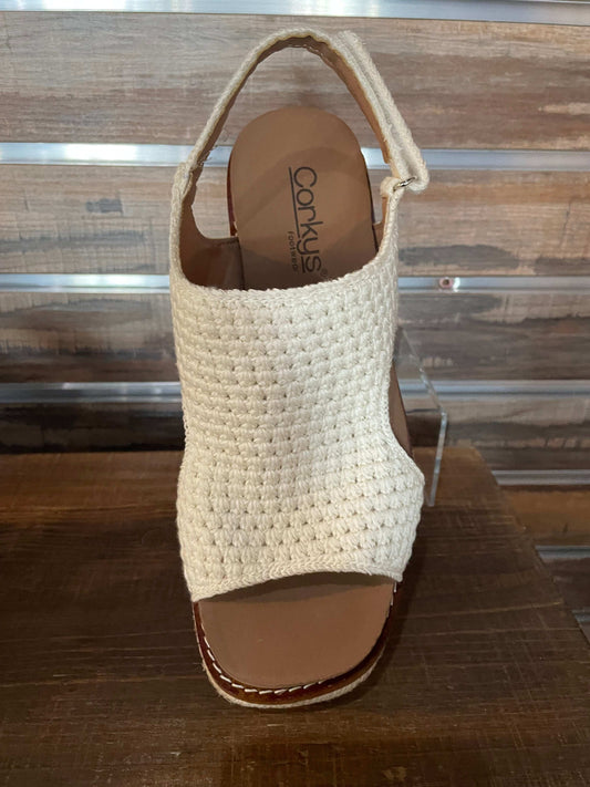 Corkys Cream Natural Woven Freddie  Wedge with 3.5" inch heel, memory foam EVA insole, and secure back strap—neutral chic design for all-day comfort top view