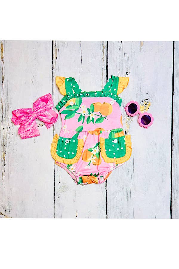luluclothes - Pink & green w/peaches sleeveless baby romper XCH0999-5H - 12/18 MONTHS