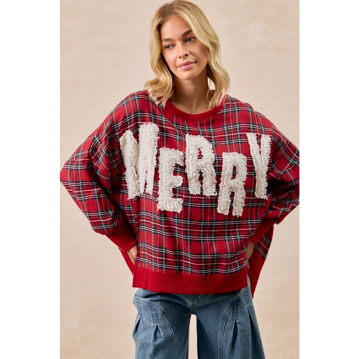 MERRY Sherpa Letter Oversized Red Plaid Pullover