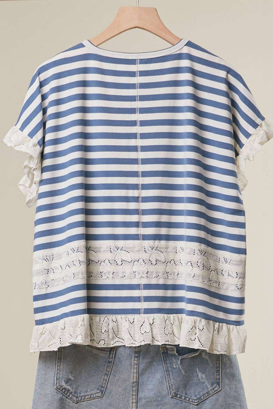 Blue & White Striped Lace Trim Top - Style Junkie Boutique