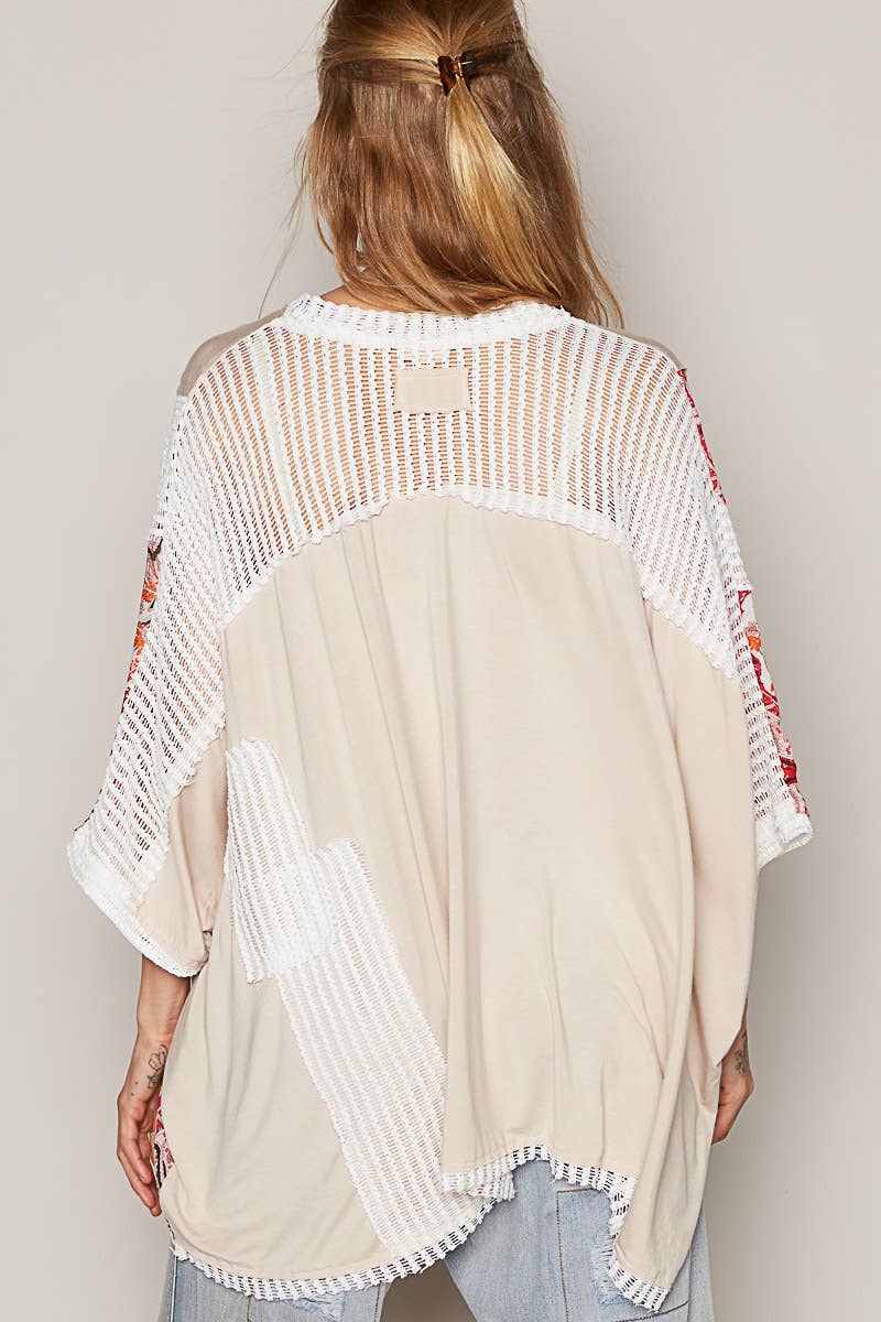 POL Oatmeal Frayed Edge Flowy Top