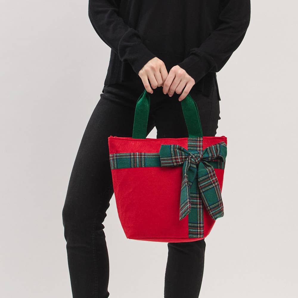 Christmas Red Tote Bag with Green Plaid Bow