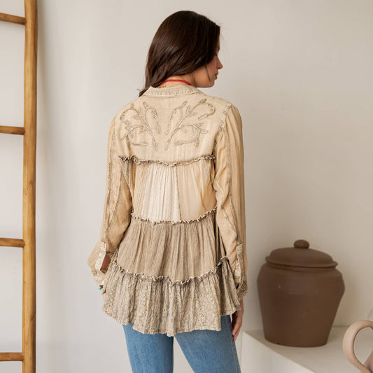 Latte Mineral Wash Tiered Blouse with Floral Details