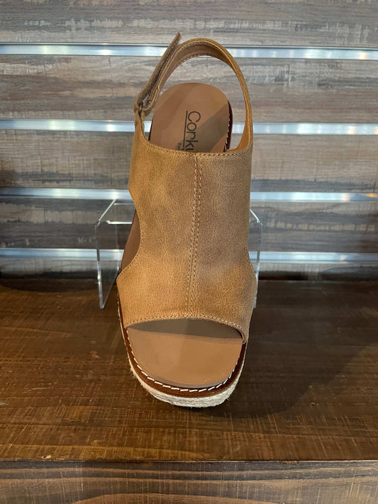 Corkys Taupe Brown Freddie  Wedge with 3.5" inch heel, memory foam EVA insole, and secure back strap—neutral chic design for all-day comfort top view