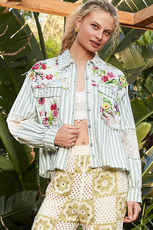 POL Mixed Print & Denim Jacket in Striped Sage Multi