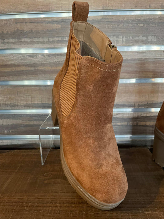 Corkys Trust Issues Bootie in suede tobacco with 2.75-inch heel, full inside zip, and soft cushioned insole—chic comfort for day-to-night wear top view