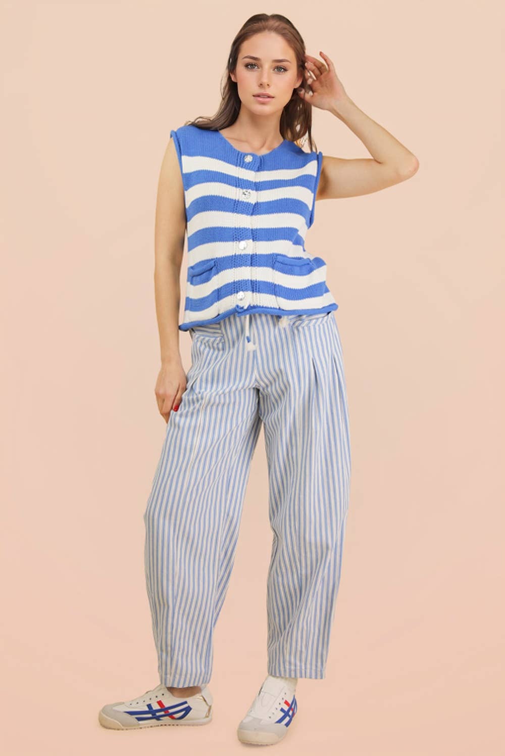Blue Striped Denim Barrel Pants