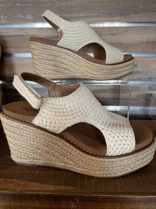 Corkys Cream Natural Woven Freddie  Wedge with 3.5" inch heel, memory foam EVA insole, and secure back strap—neutral chic design for all-day comfort