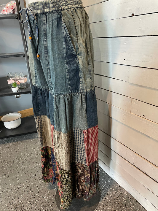 Boho Tiered Denim & Patch Pants