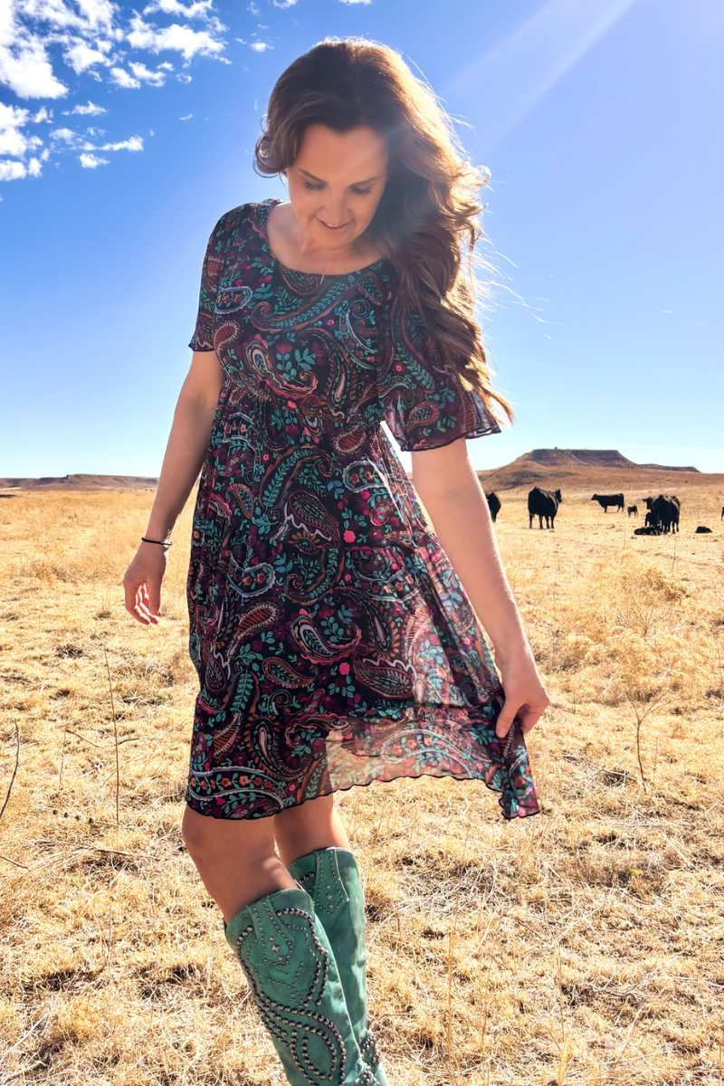 Black Paisley Mesh Overlay Dress