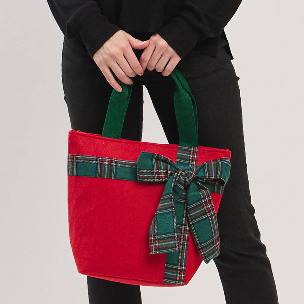 Christmas Red Tote Bag with Green Plaid Bow