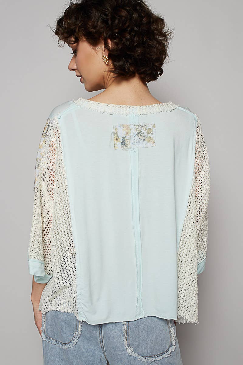 POL Aqua Blue Floral Crochet Contast Top