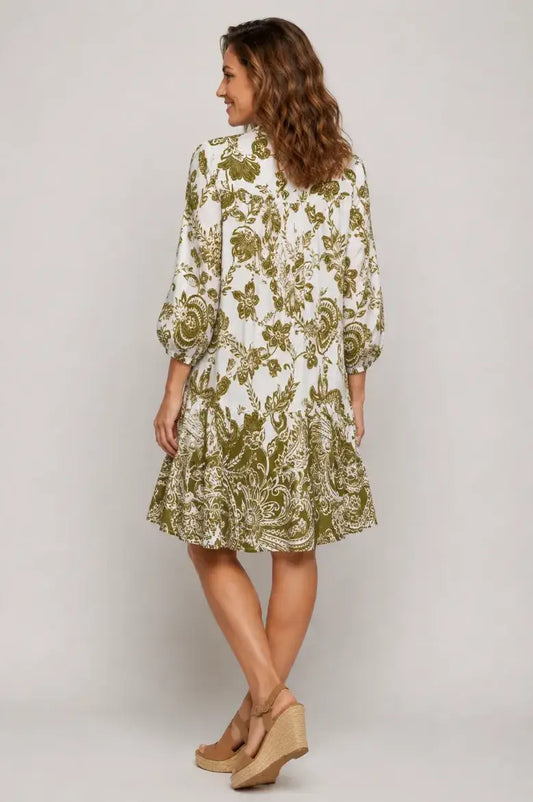 Challis Olive Floral Ruffle Hem Midi Dress