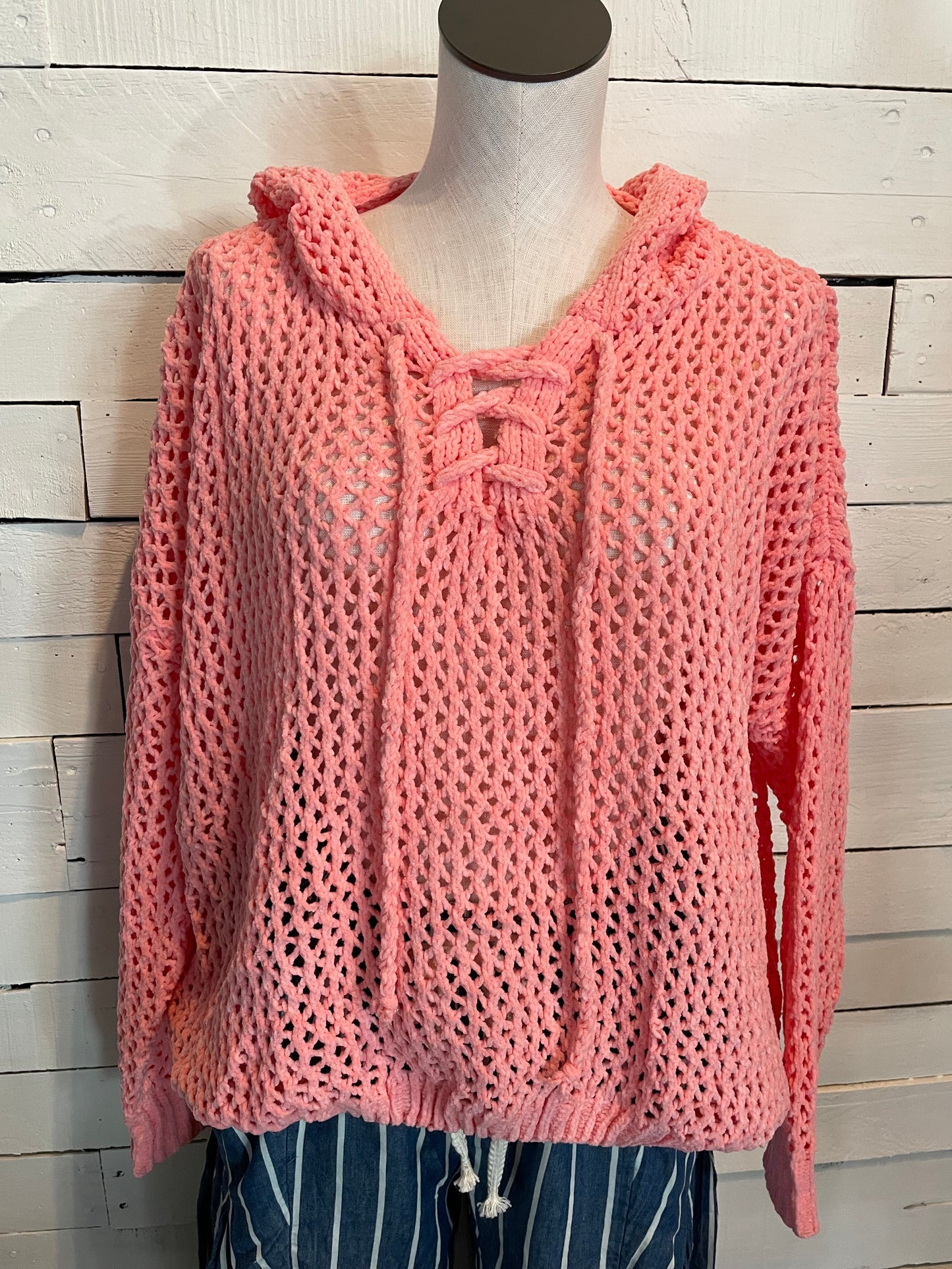 Peach Lace-Up Open Cable Knit Chenille Hoodie Sweater