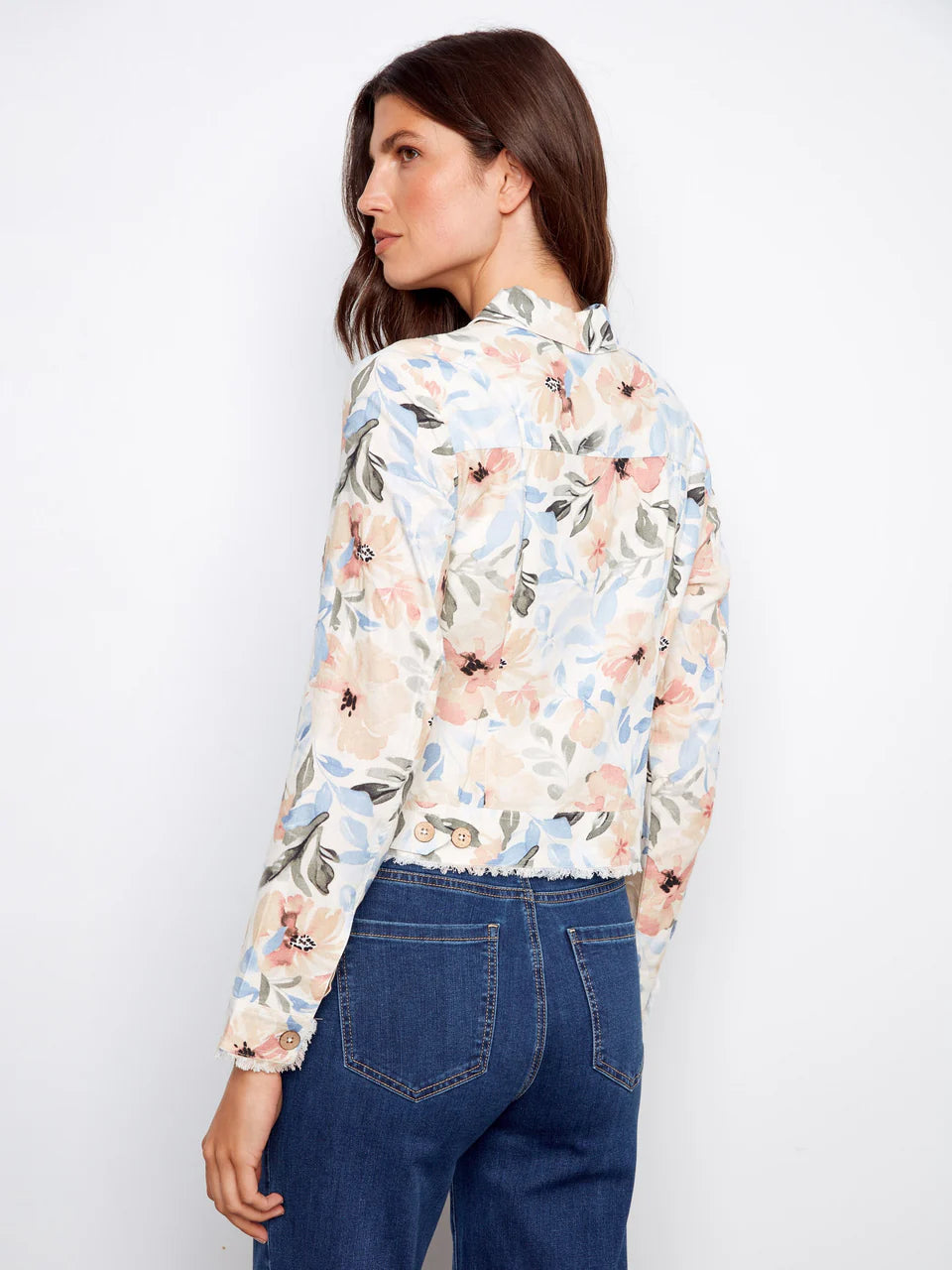 Floral Linen Jacket with Frayed Hem