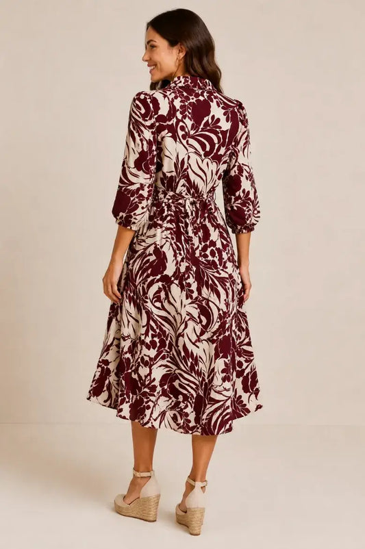 Burgundy & Cream 3/4 Balloon Sleeve Leaf Button Down Midi Dress