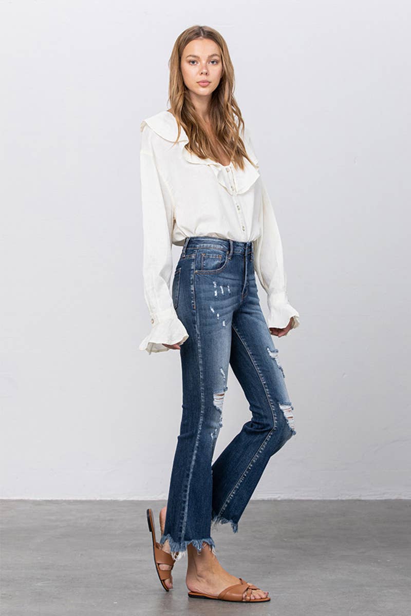 Mid Rise Distressed Crop Flare Jeans