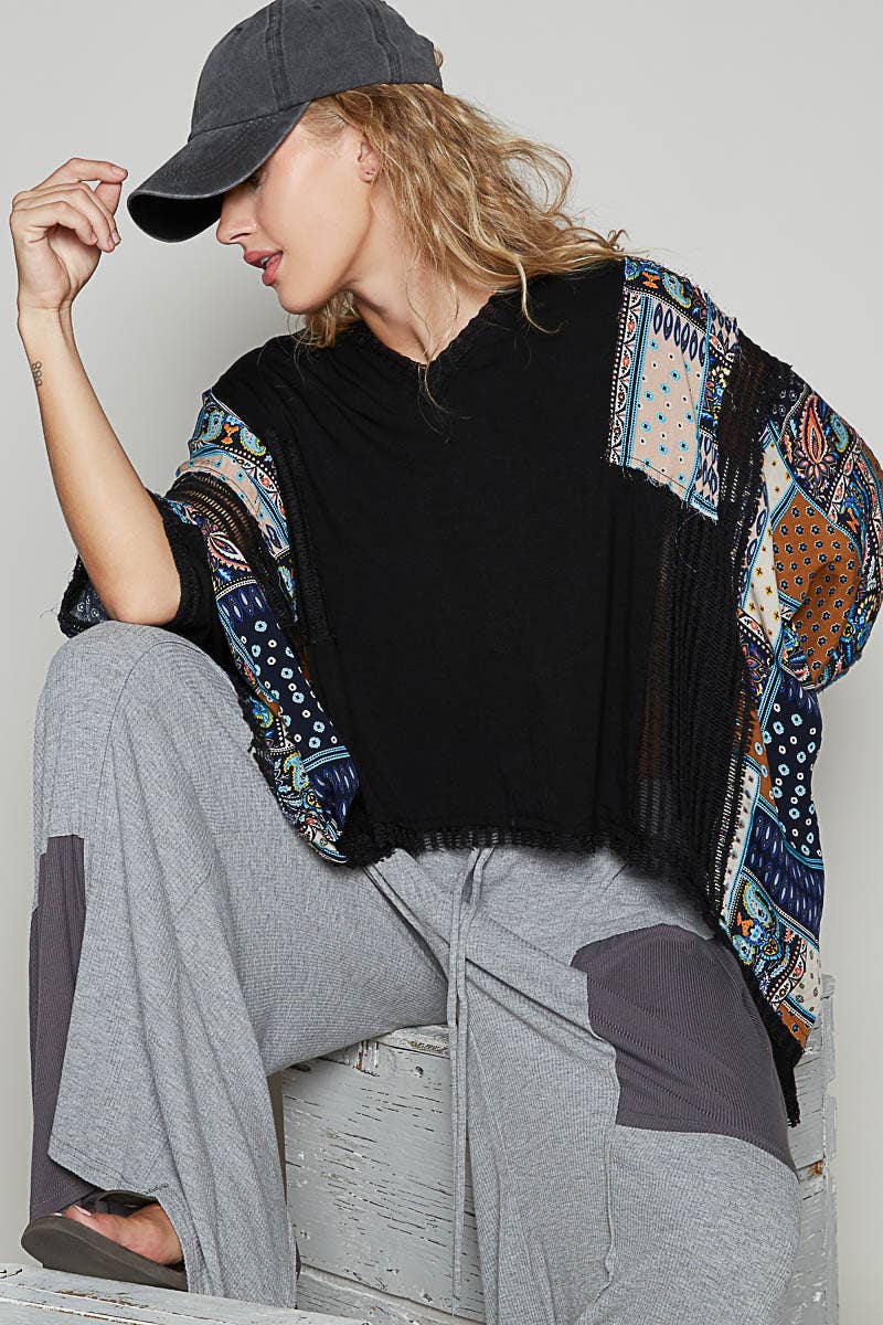 POL Black Frayed Edge Flowy Top