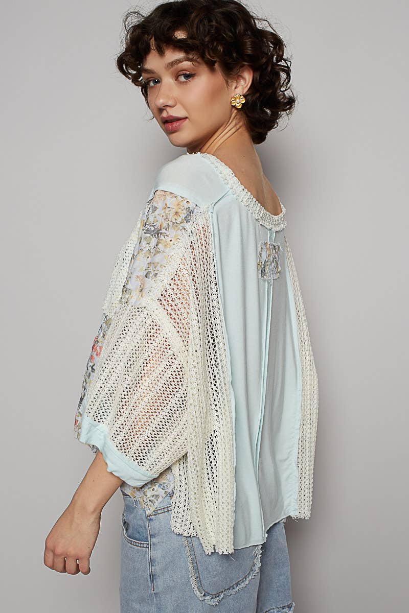 POL Aqua Blue Floral Crochet Contast Top