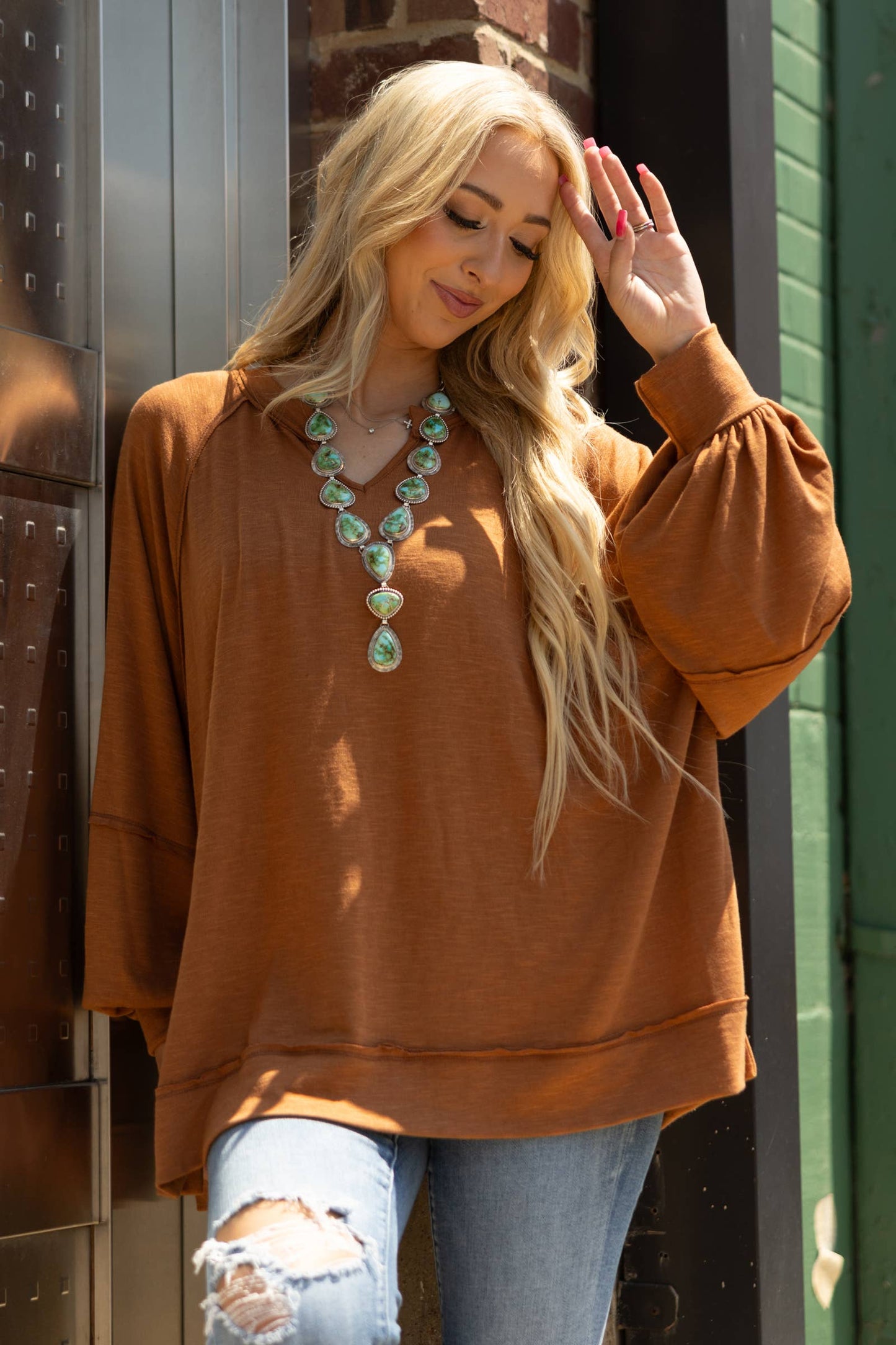 Flowy Split Neck Top - Caramel