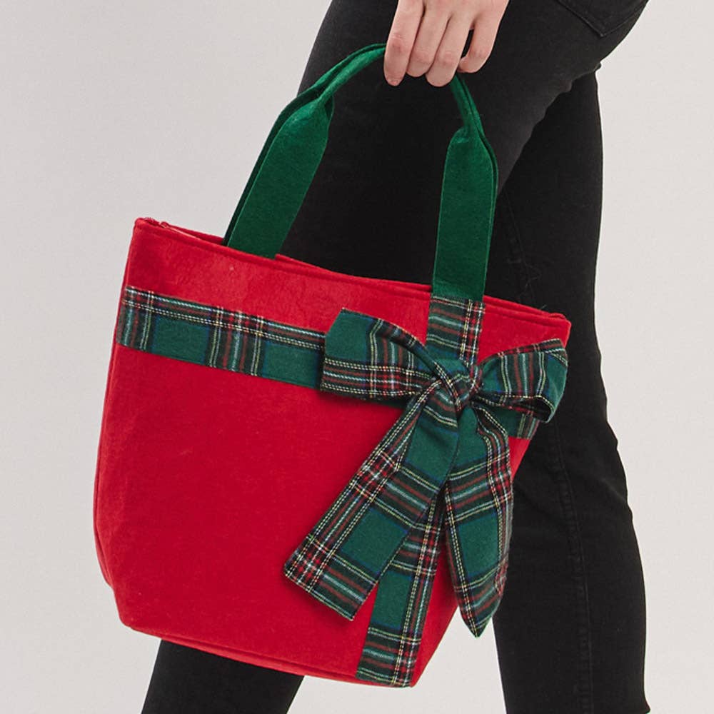 Christmas Red Tote Bag with Green Plaid Bow