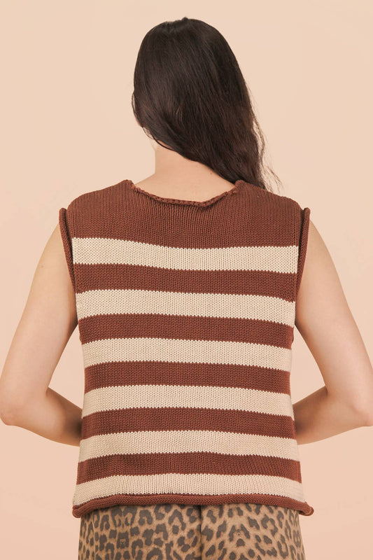 Brown Stripe Sleeveless Button-Down Knit Sweater Top