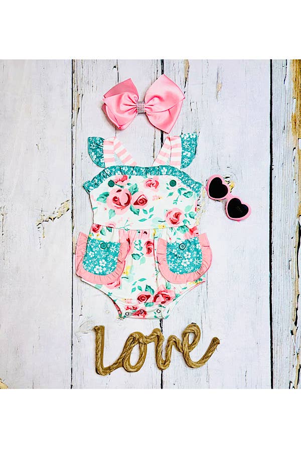 luluclothes - Pink & teal floral ruffle sleeveless baby romper XCH0999-6H - 6/12MONTHS