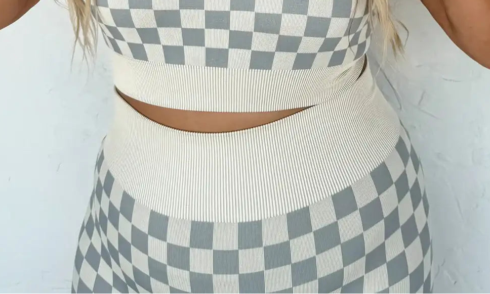 Tan and grey checker patterned bralette with seamless scoop back, removable pads, and ultra-stretchy ribbed knit fabric for supportive comfort