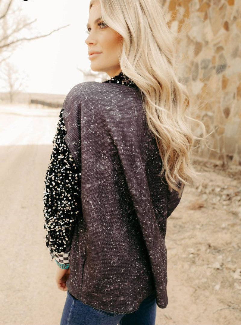 Black sequin checker jacket shacket back view