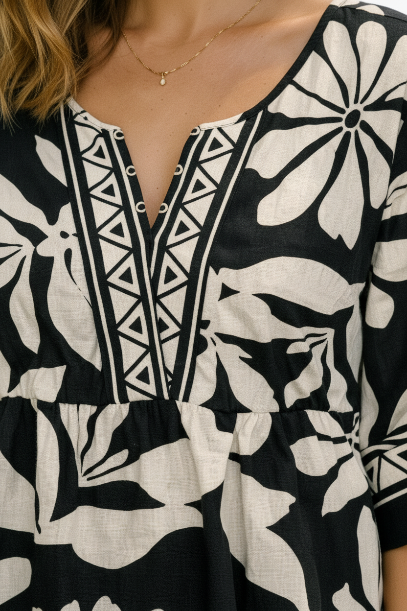 Black & Ivory Floral V-Notch Blouse