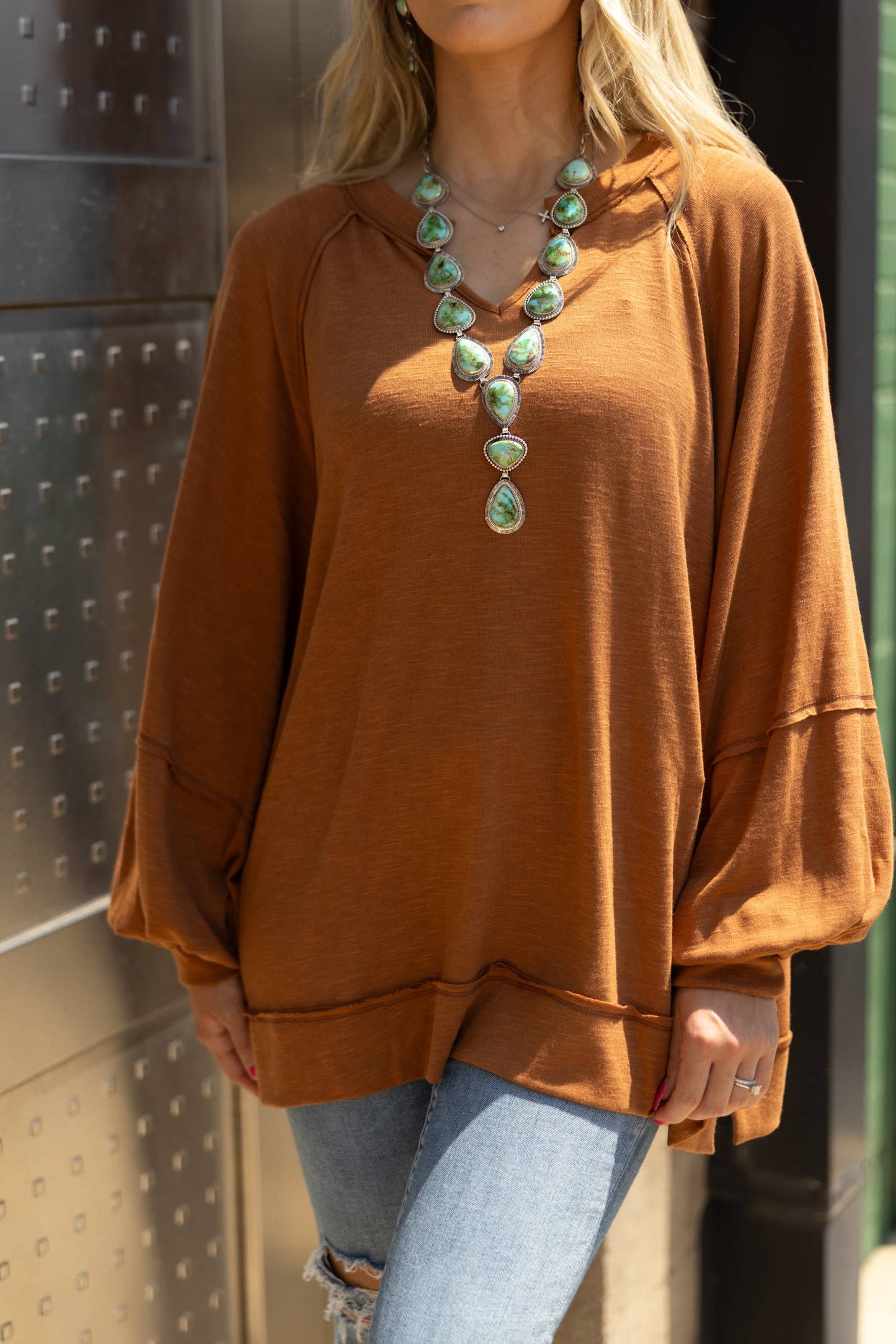 Flowy Split Neck Top - Caramel