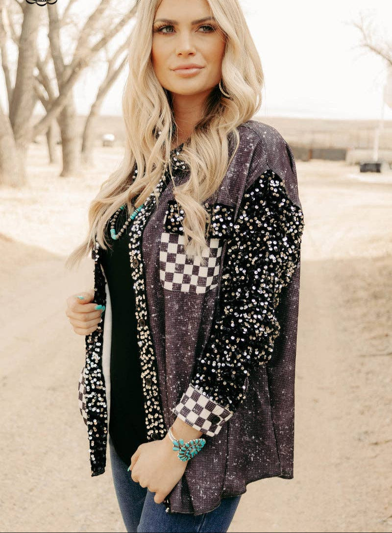 Black sequin checker jacket shacket side view