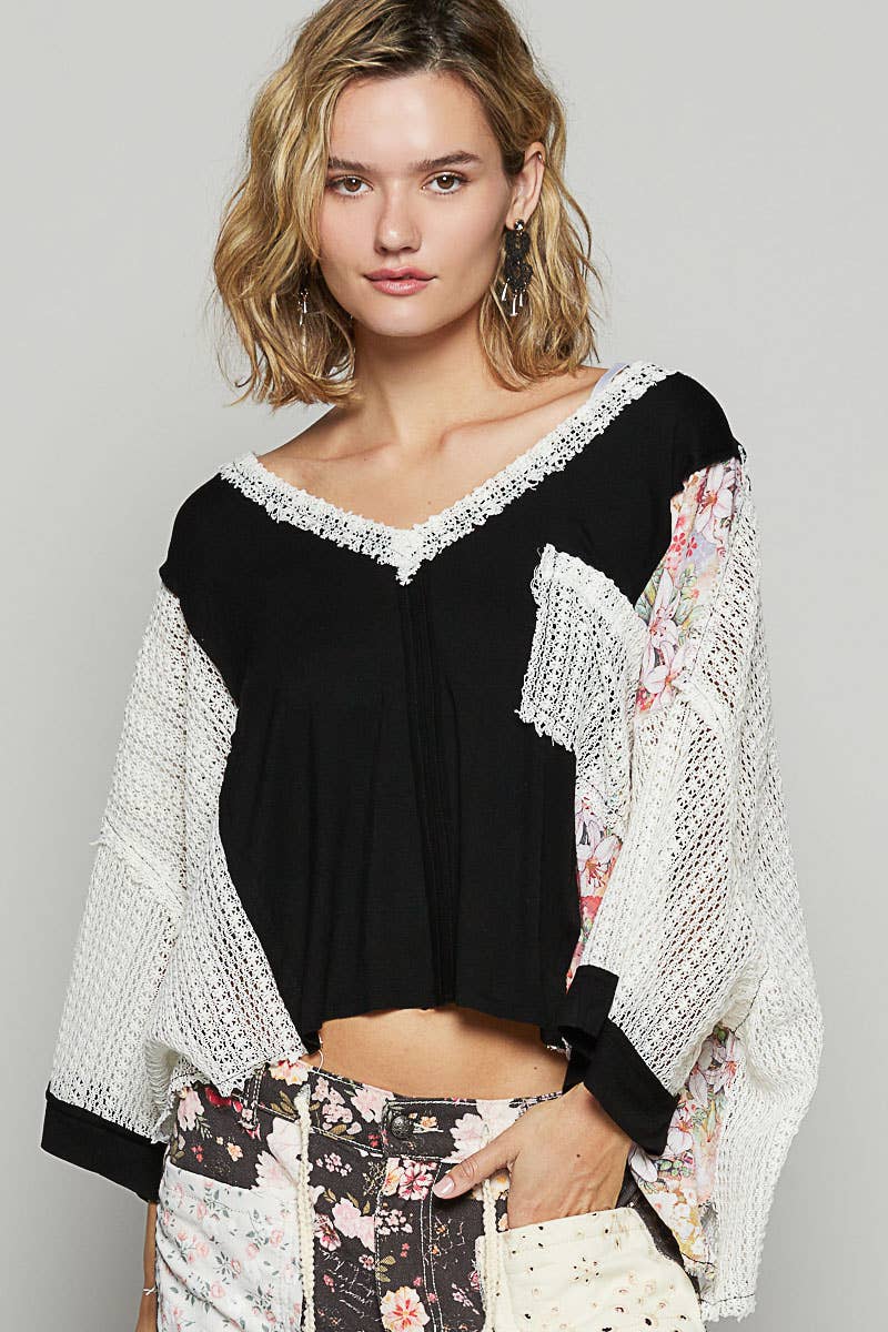 POL Black Floral Crochet Contast Top