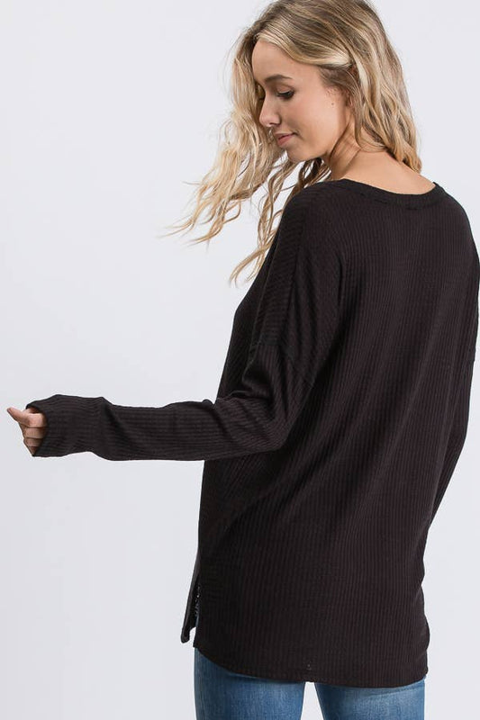 Black Waffle Knit V Neck Top