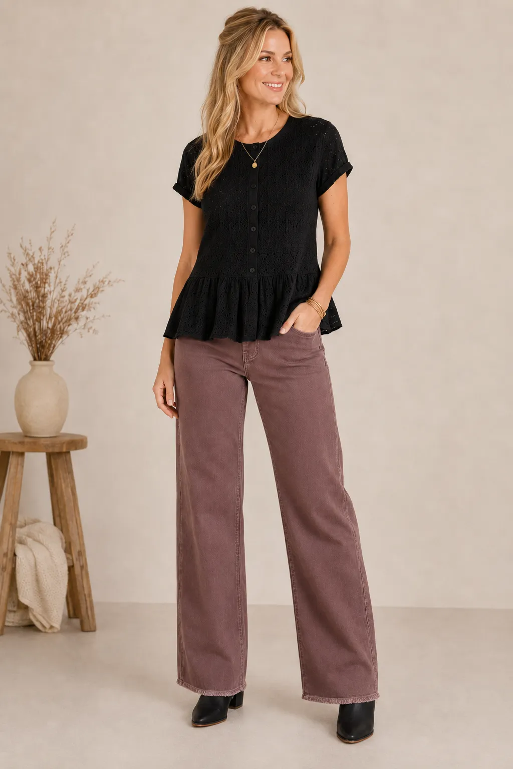 Mocha Wide Leg Fray Hem Jean
