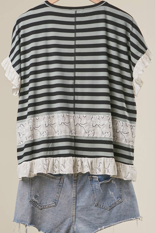 Striped Black and Olive Lace Top