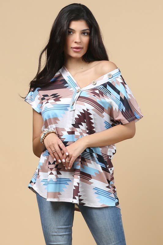 Aztec Top - Mocha & Blue