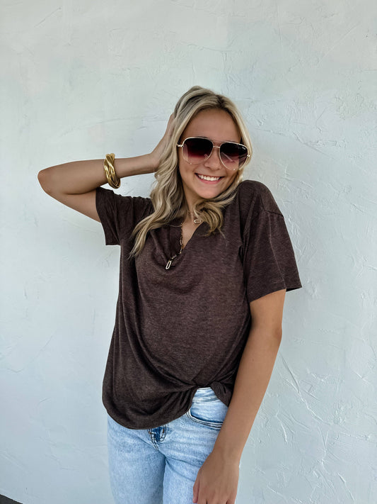 Chocolate Brown Loose-fitting boyfriend tee with deep V-neck and soft jersey slub fabric—perfect for layering or casual wear