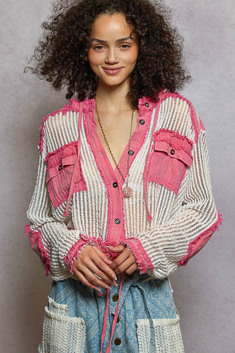 POL White & Pink Crochet Hoodie