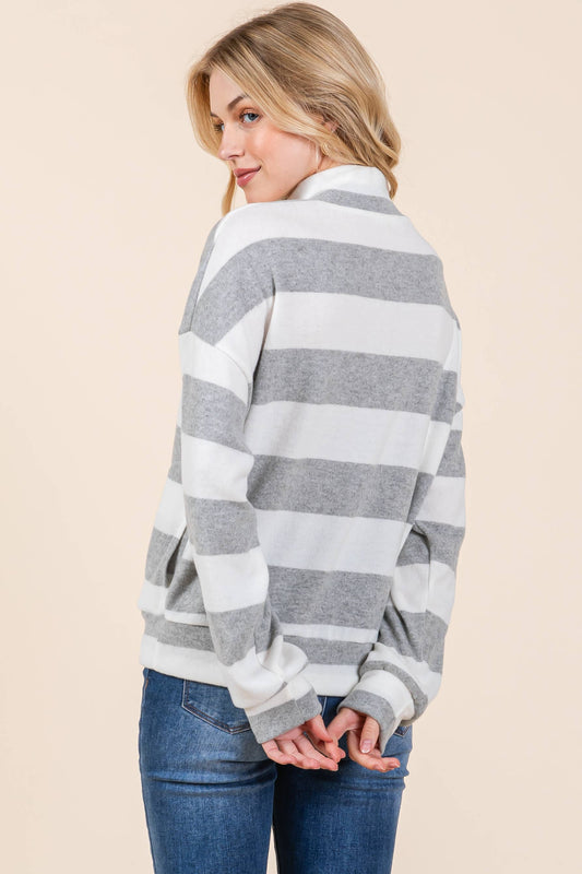 Cozy Striped Quarter-Zip Pullover - Heather Gray & White