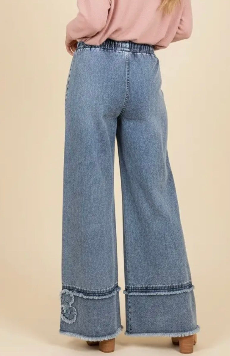 Floral Denim Wide Leg Pants