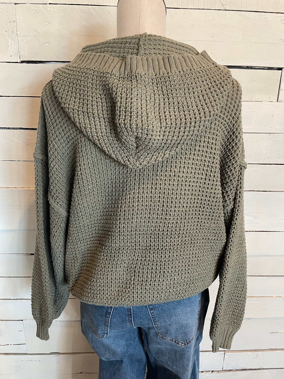 Olive Zipper Open Cable Knit Chenille Hoodie Sweater