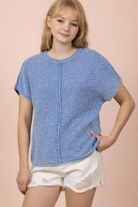 Sky Blue Mineral Washed Knit Casual Sweater Top