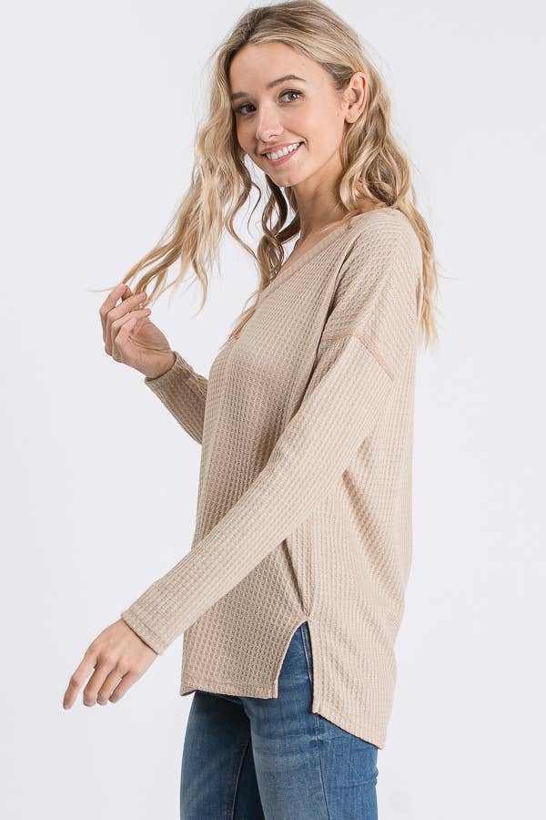 Mocha Waffle Knit V Neck Top