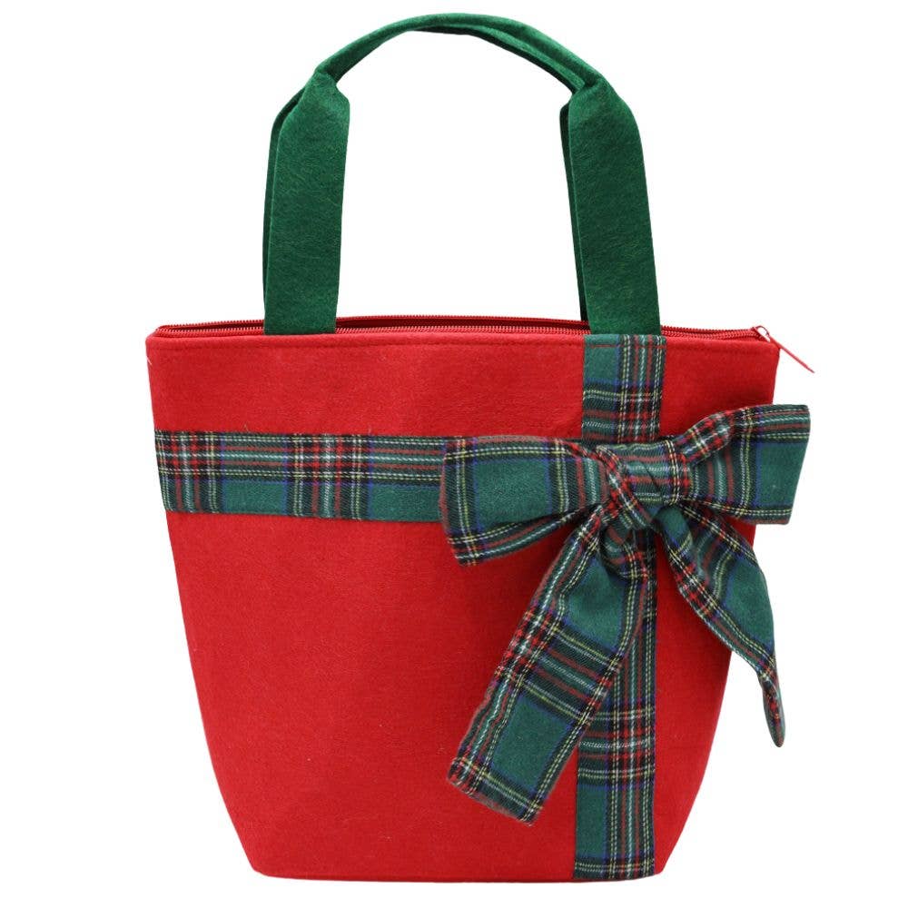 Christmas Red Tote Bag with Green Plaid Bow